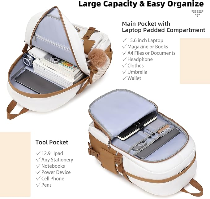 Backpack for Girls with Accessories Laptop Bookbags 16 Inch Kawaii Kids Elementary Middle High School Bag College Travel Daypack Gifts for Teens Women Students (Beige Khaki)