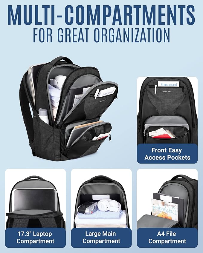 LIGHT FLIGHT Travel Backpack, Laptop Backpack for Men,17.3 Inch Computer Backpack Business Back Pack, Work Bag with USB Charging Hole, 40L Large Casual Daypack, Black grey