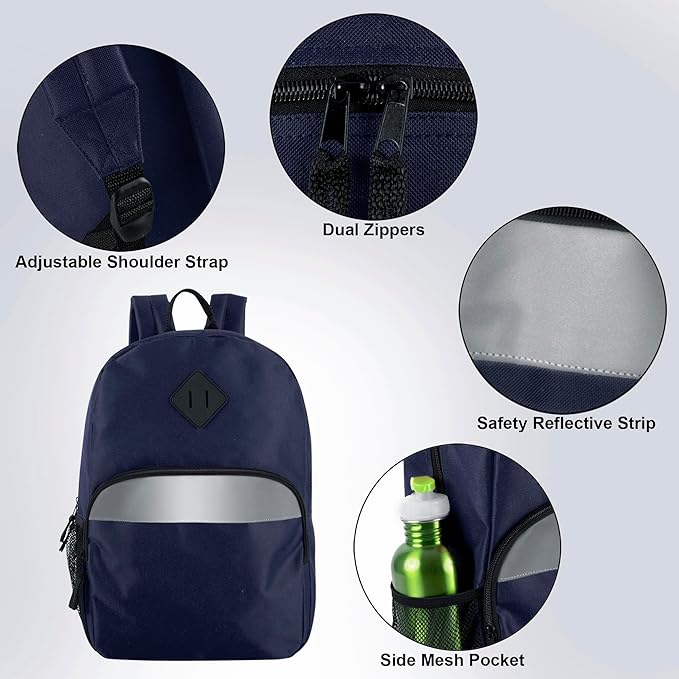 Trail maker Reflective School Backpack for Kids | Colorful Backpack with Adjustable Straps, Side Water Bottle Pockets (Navy)