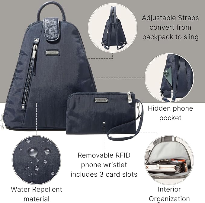 Baggallini Metro Backpack with RFID Phone Wristlet - 9x11 Convertible Sling Bag for Women with Adjustable Shoulder Straps