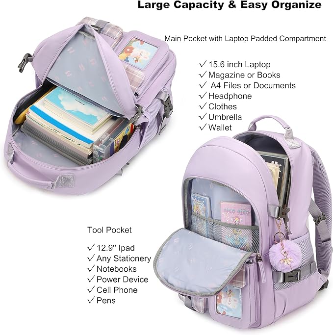 Backpack for Girls, 15.6 Inch Laptop School Bag Kids Kindergarten Elementary College Backpacks Large Bookbags for Teen Girl Women Students Casual Travel Daypacks (Purple)