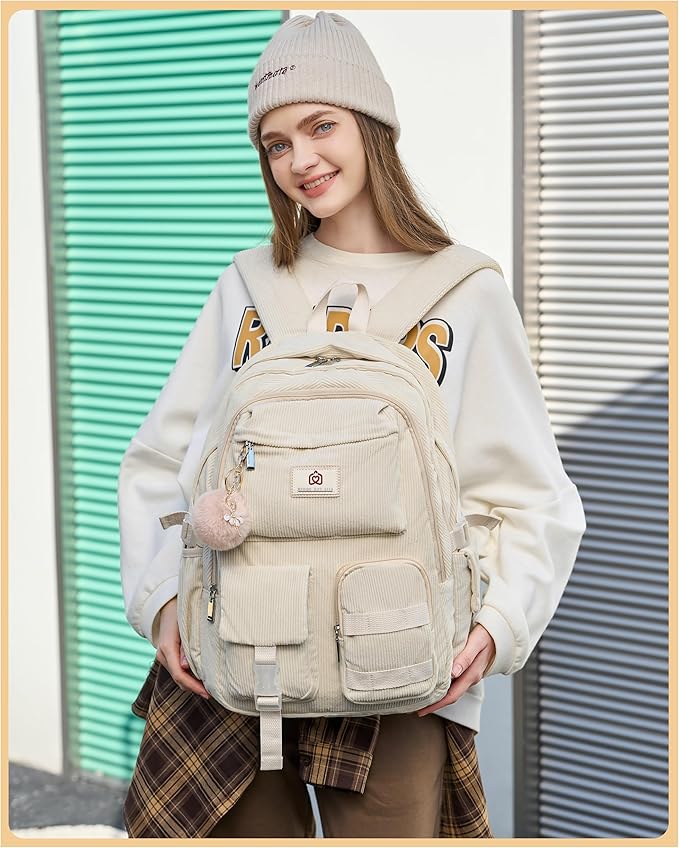 Hidds School Backpack for Teens Girls Women 15.6 Inch Laptop College Backpacks Corduroy Kids Bookbag Students Travel Daypack Womens (Beige)