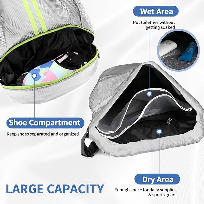 Drawstring Backpack Gym Bag with Shoes Compartment for Soccer, Basketball, Swim, Water-Resistant String Backpack Beach Cinch for Women Men, Grey, Medium