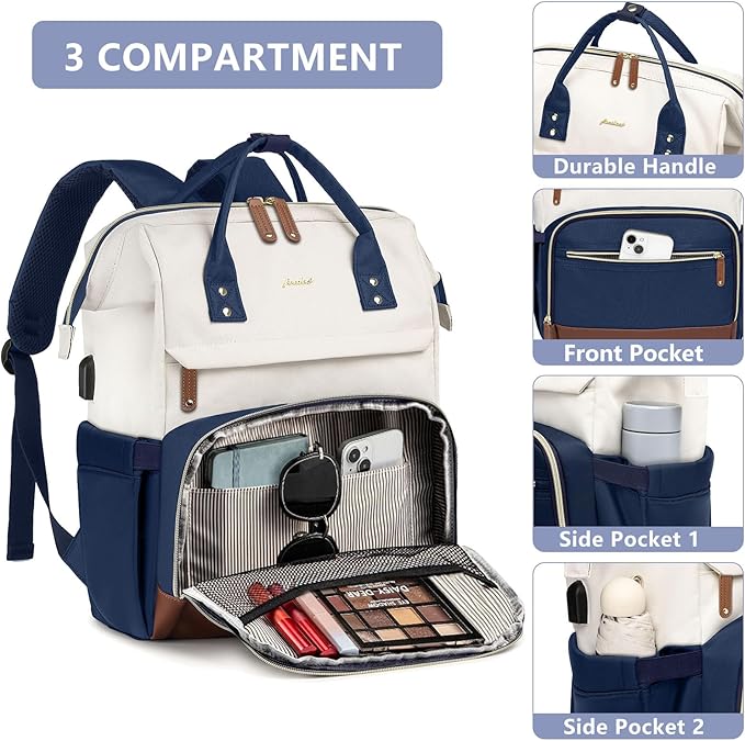 Laptop Backpack for Womem Work Bags: 15.6 Inch Travel BackPacks Durable Back Pack With USB Charging Port Anti Theft Fashion College BookBag Purse Bussiness Daypack for Nurse Teacher Navy Beige