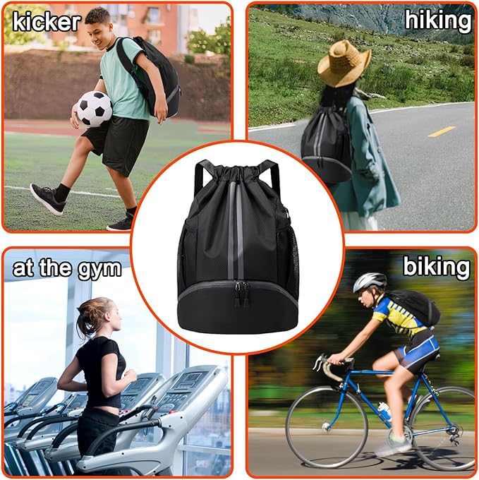 Drawstring Backpack,Waterproof Sports Gym Bag，Unisex Large Drawstring Bags with Wet and dry separation bag,football boot bag for Gym Sport Yoga School, Black, One Size