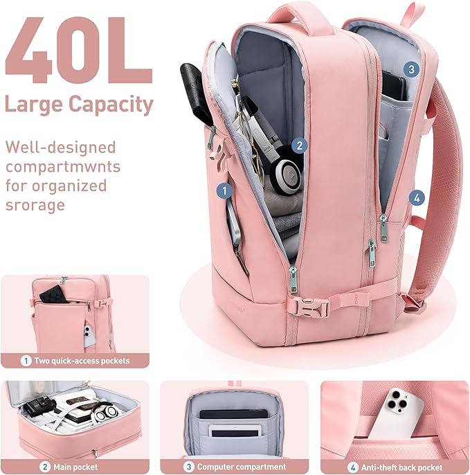 SHOWKOO Laptop Backpack for 17 Inch Laptop, 40L Expandable Large Capacity Backpack, TSA Carry On Travel Backpack with Padded Laptop Compartment, Water-Resistant College & Commuter Bag, Pink