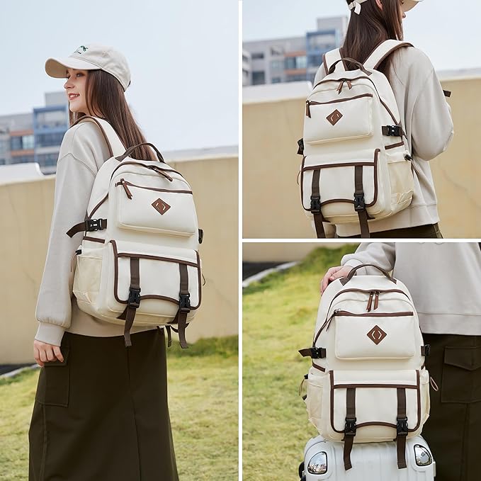 Laptop Backpack 15 -17 Inch for Women Men Large College Bookbag Elementary Middle High School Bag for Kids Teens Girls Boys Student Waterproof Travel Backpacks Book Rucksack Work Daypack Beige