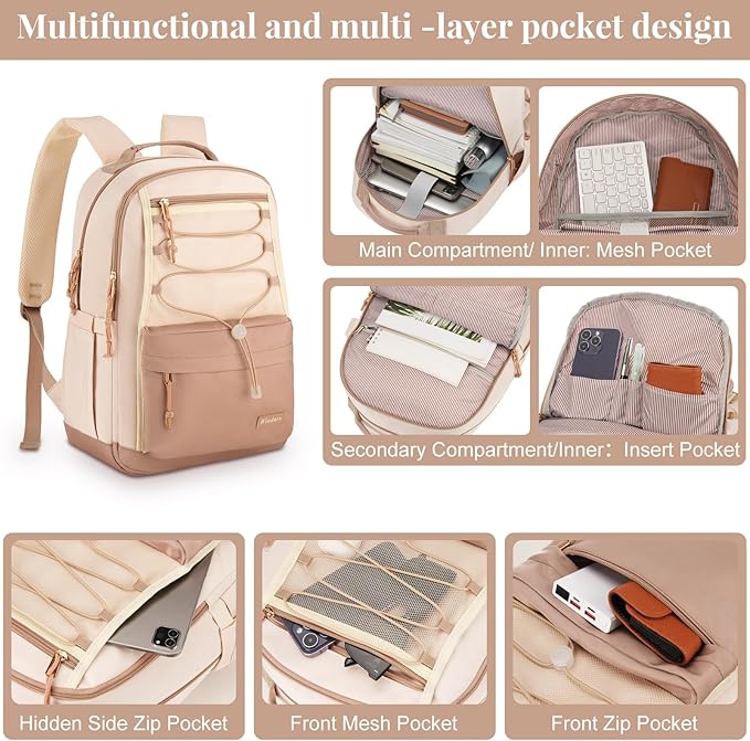 School Backpack for Teens Girls, Aesthetic College Backpack Large Bookbag for Women Students Fashion 17 Inch Laptop Bag for Work Travel (Khaki Beige)