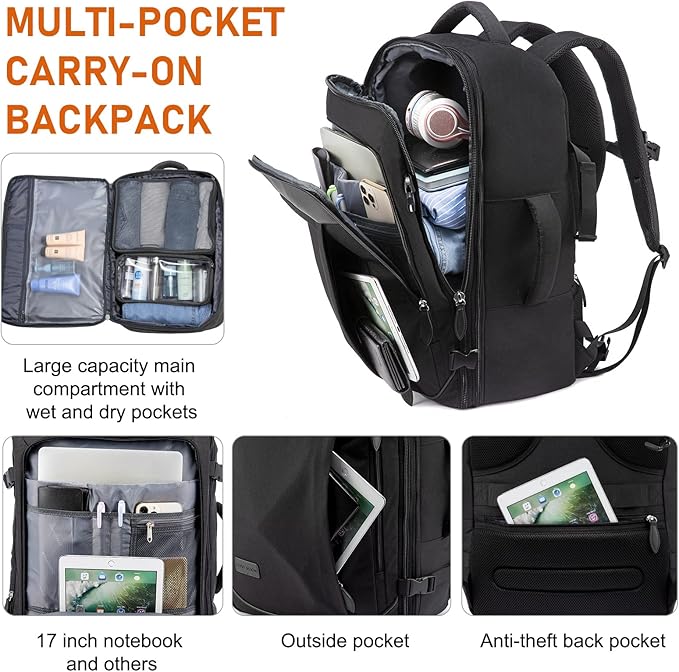LOVEVOOK Carry on Backpack, 45L Travel Backpack for Women Men Airline Approved, Expandable Large Suitcase Backpacks With 4 Packing Cubes, Aer Travel Pack 3, Water Resistant Weekender Bag