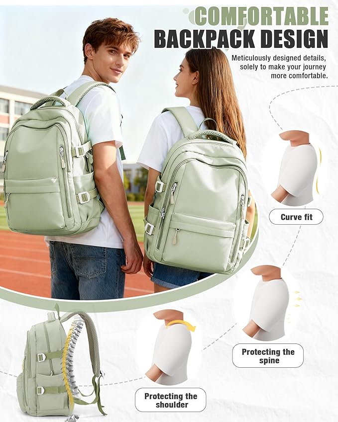 BOXSAM Lightweight Backpack for Women, Large Laptop Travel Backpack Casual Daypack College Bag Rucksack for Men. Green