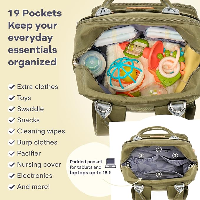 RUVALINO Diaper Bag Backpack - Multifunction Travel Back Pack Maternity Baby Changing Bags, Diaper Changing Totes, Large Capacity, Waterproof and Stylish, Baby Travel Essential, Army Green