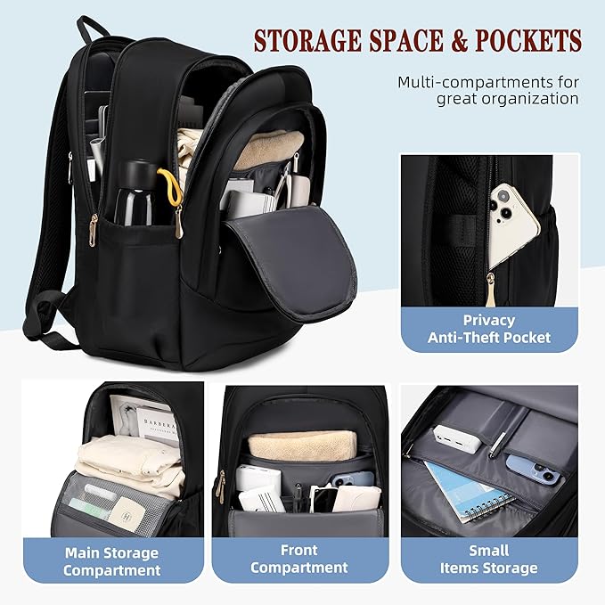 Travel Laptop Backpack for Women 15.6 Inch Computer Backpacks with USB Charging Hole Anti Theft Carry on Bag College Bookbag Large Black Back Pack for Work Business Traveling Commuter Daypack-Black