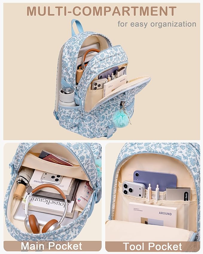 School Backpack for Teens Girls Women 15.6 Inch Laptop College Backpacks Corduroy Work Bag Kids Elementary Middle High School Bookbag Students Back Pack Anti Theft Travel Daypack Womens-Blue Floral
