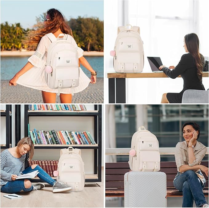 School Backpack for Girls Teens, Cute Aesthetic College Backpacks Large 15.6 Inch Laptop Bag Preppy Bookbag for Women Students Travel (Beige)