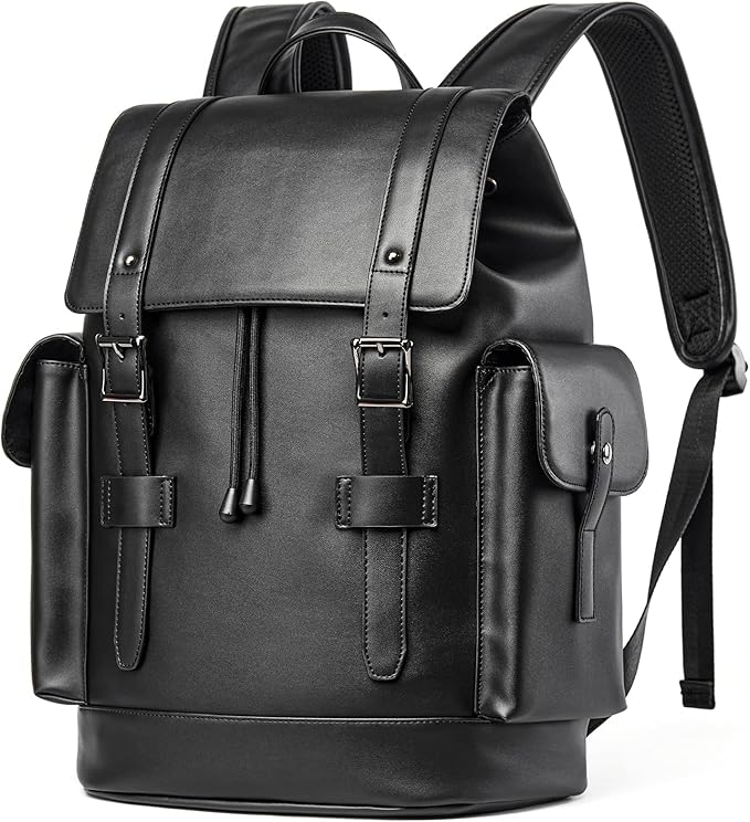 Leather Backpack Waterproof Fit 15.6 Inch Laptop Vintage Drawstring Design Large Capacity Travel Sports Outdoor Casual Black Men Women College Backpack