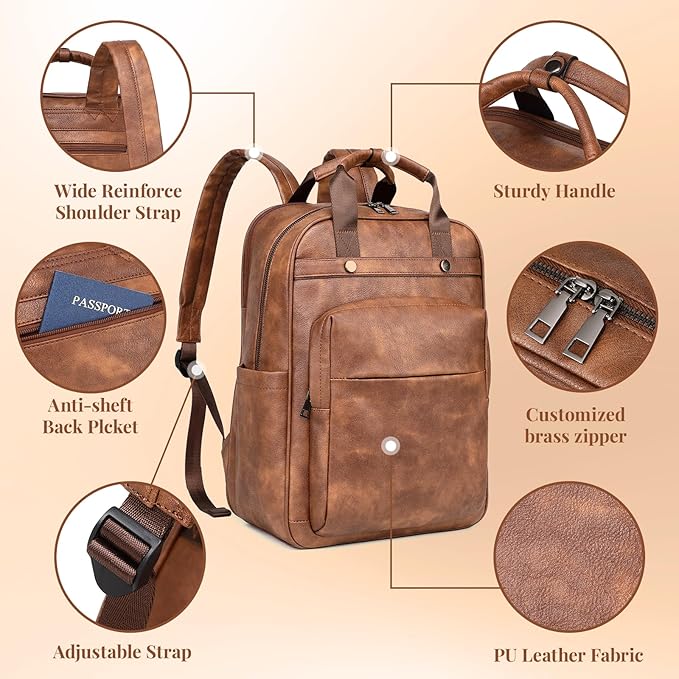 PU Leather Laptop Backpack Women for Travel | 17 Inch Laptop Bag for Women - Large Capacity Teacher Nurse Computer Bag for Work College School (Grey)