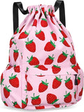 Drawstring Backpack for Women Drawstring Gym Bag Water Resistant Small Cinch Sack Pull String Backpack Bag (Strawberry)