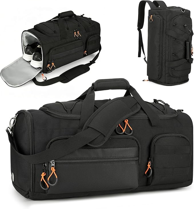 Searock 45L Gym Bag for Men, 3-In-1 Duffle Bag Backpack for Travel, Sports Duffel Bags for Gym Workout, Weekender Overnight Bag with Shoe Compartment, Wet Pocket, Black