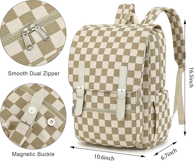 Corduroy Travel Backpack for Women, 15.6 Inch College Laptop Backpack, Fashion School Bookbag Work Backpacks (Corduroy Checkered Khaki)