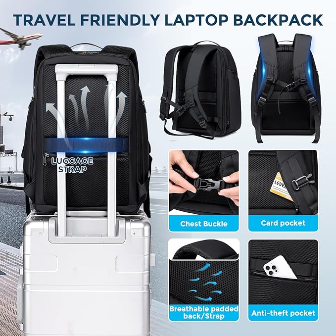Travel Laptop Backpack for Men, Expandable Water Resistant 15.6 Inch Computer Backpack with USB Port, Mens Hardshell Laptop Bag for Business/Work/College, Black