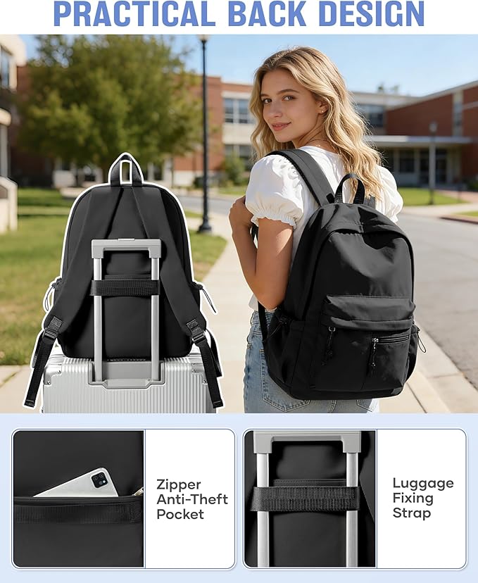 Black School Backpack for Girls Boys Bookbag Cute Aesthetic College Backpack Women Middle High School Teen Students Book Bag Lightweight Gym Work Laptop Casual Daypack Backpacks Men