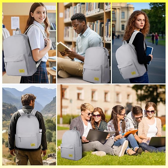 Premium Lightweight Laptop Backpack with USB Charging Port, Durable College School Bookbag, 2 Built-in Organizers, Padded 15.6-inch Laptop/Notebook Sleeve, Slim Water Resistant Bag, Beige Grey