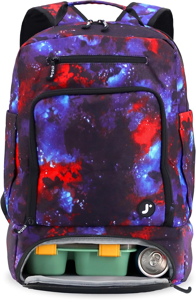 J World New York 2-in-1 Insulated Backpack Lunch Box for Kids. Adult School Bookbag, Galaxy