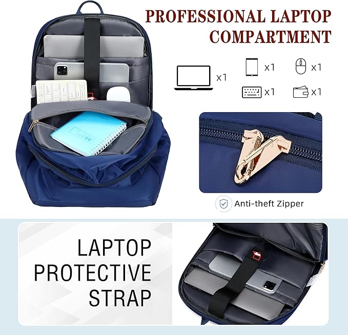 Travel Laptop Backpack for Women 15.6 Inch Computer Backpacks with USB Charging Hole Anti Theft Carry on Bag College Bookbag Large Blue Back Pack for Work Business Traveling Commuter Daypack-Blue
