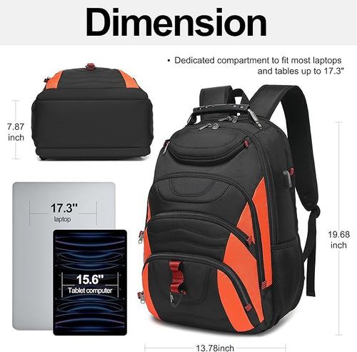 Boavan Laptop Backpack for men, 17.3 inch Laptop Bag with USB Port, Waterproof Travel Work Backpack Purse, Anti-Theft Teacher Nurse Doctor Casual Bookbags Office Business backpack，Black&Orange