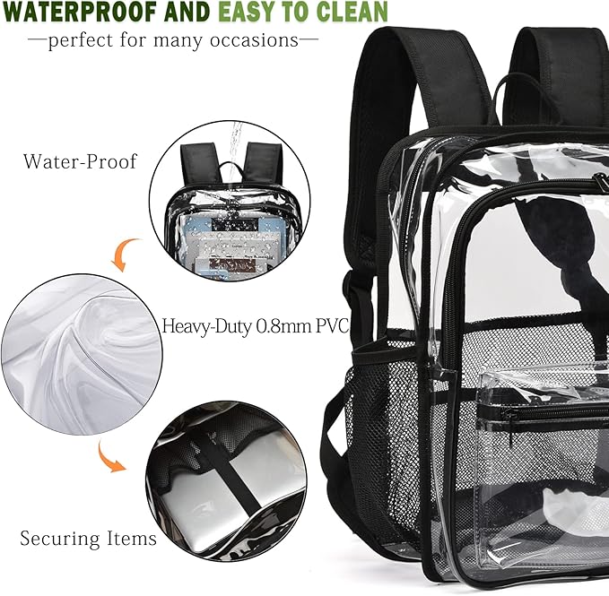 Clear Backpack,15.5 '' Clear Backpacks for School Heavy Duty PVC See Through Bag Waterproof Bookbag for Girls & Boys, Black