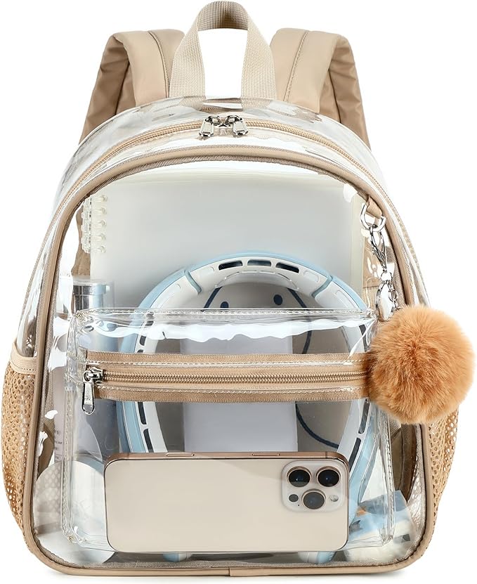 BTOOP Clear Mini Backpack for Stadium Events 12x12x6 Small Transparent Backpacks Plastic See Through Clear Bag for Concerts Work Festival Security Travel Khaki
