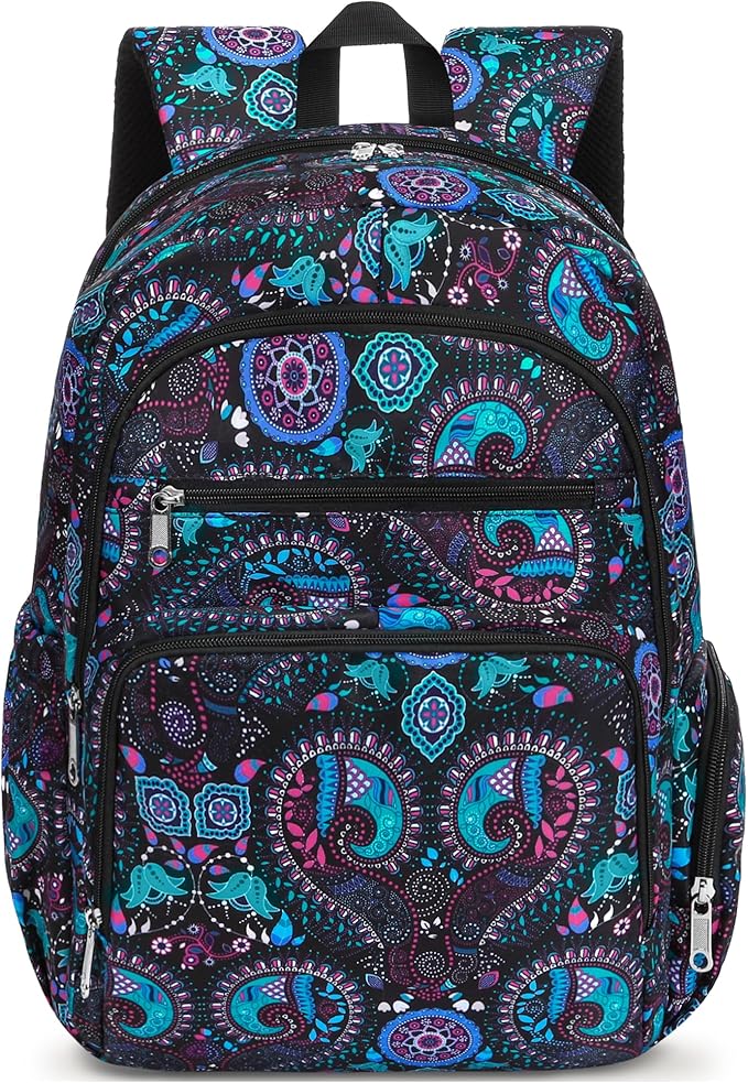 Large Backpack for Women Backpack with Lots of Pockets for Travel Work School Bookbag with Laptop Compartment for High School College Girls Mochilas Morrales para Mujer (Black/Teal, Paisley)
