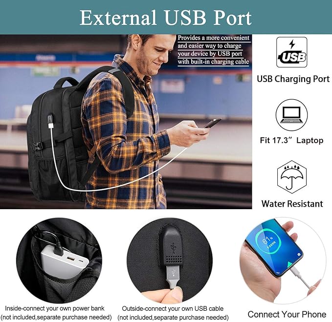 Extra Large Backpack for Men 50L,Water Resistant 17.3 inch Travel Laptop Backpack with USB Charging Port,TSA Friendly Big Business Anti Theft Computer Bag Work College School Bookbags Gifts,Black