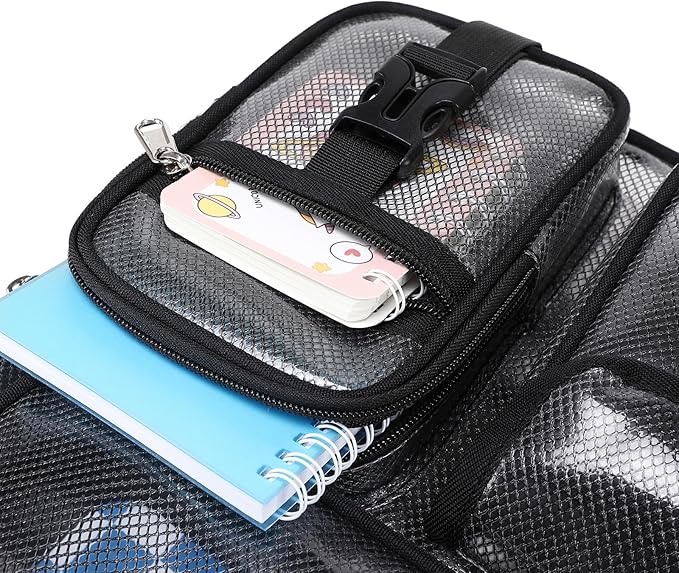MOONBABY Clear Mesh Backpack for School Heavy Duty See Through Backpack Transparent Net Bookbag Girls Boys Back Pack for Swimming, Beach, Sports, Work, Travel (Black)