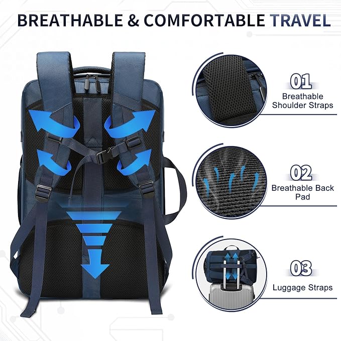 40L Travel Backpack, TSA Friendly Flight Approved Carry on Backpack for Men Women, Fits 17.3 Inch Laptop with USB-A&C Ports, Weekender Bag, Blue