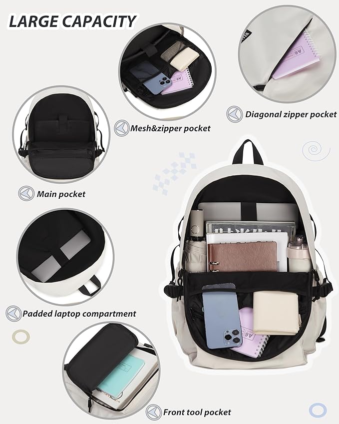 Caoroky knight College School Bag for Men Women Laptop Backpack 15.6 Inch Anti Theft Travel Daypack Large Elementary Middle High Bookbags for Teens Girls Boys Students-Large,off-white