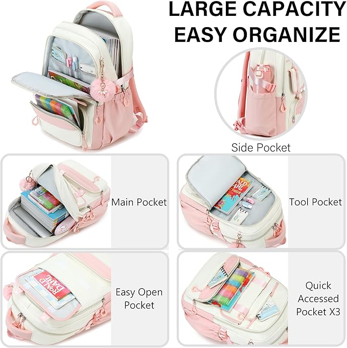 School Backpack for Girls, Laptop Backpack 15.6 Inch Kids Elementary Middle High School Bag Anti Theft Cute College Bookbags for Teens Girls Women Students Casual Travel Daypack,Pink Beige