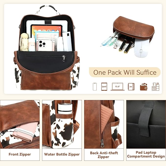Vegan Leather Laptop Backpack for Women 15.6 Inch Work Backpack Purse for Travel College