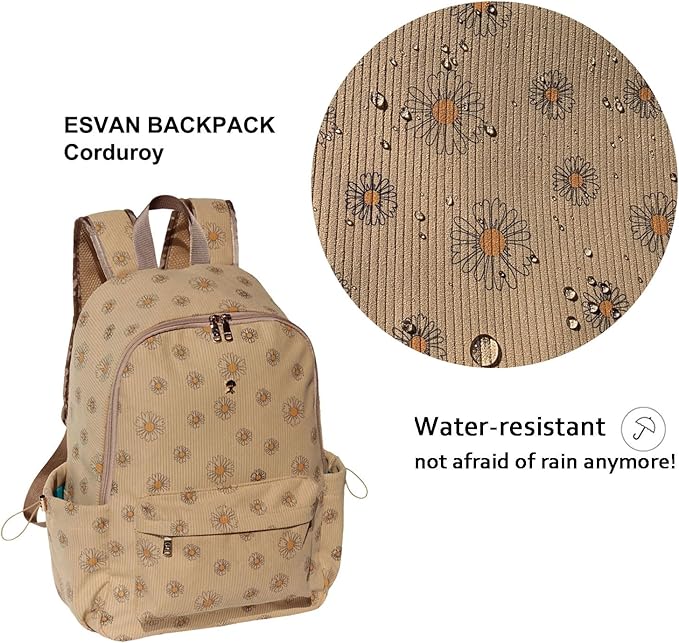 ESVAN Corduroy Backpack Lightweight Fashion 17 inch Laptop Bag for Women Casual College (Corduroy Brown daisy)