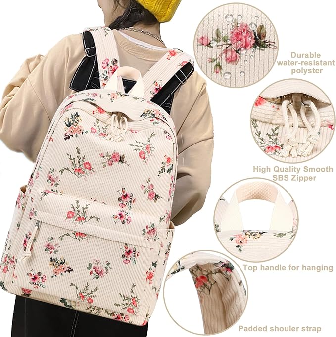 School Backpack for Teen Girls Women Laptop Backpack College Bookbags Middle School Travel Work Commuter Back Pack(Corduroy flower)