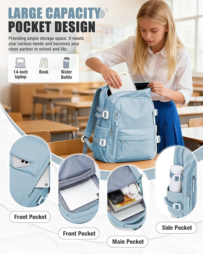 BOXSAM Lightweight Backpack for Women, Large Laptop Travel Backpack Casual Daypack Bag Rucksack for Men.Light Blue