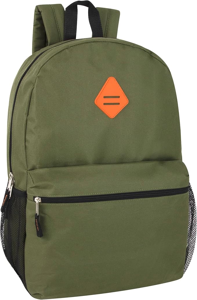 Trail maker Large School Backpacks with Mesh Side Pockets – Classic 19 Inch Solid Color Backpacks for Kids, Men, Women, Travel (Green & Orange)