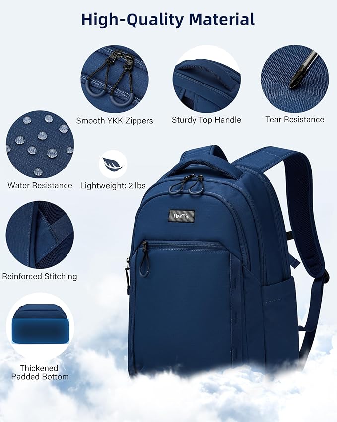 Travel Laptop Backpack for Women Men, 18 Inch Large Work Backpack for Commuter College School Book Bags, Water Resistant Backpack with Luggage Strap Water Bottle Pocket Chest Strap, Navy Blue