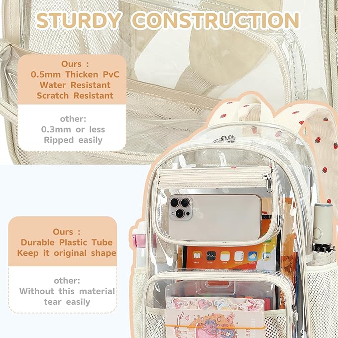 Bluboon Clear Backpack Heavy Duty Kids Boys Clear Bookbag See Through Backpacks with Pencil Case for College Work (Transparent Strawberry)