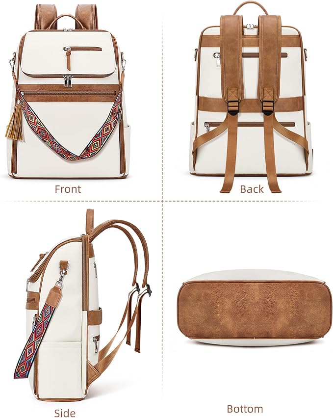 Leather Laptop Backpack for Women Designer Laptop Bag, 16.5 inch Travel Computer Backpacks Purse with Tassel for Work Business with Satchel Purse Beige Brown
