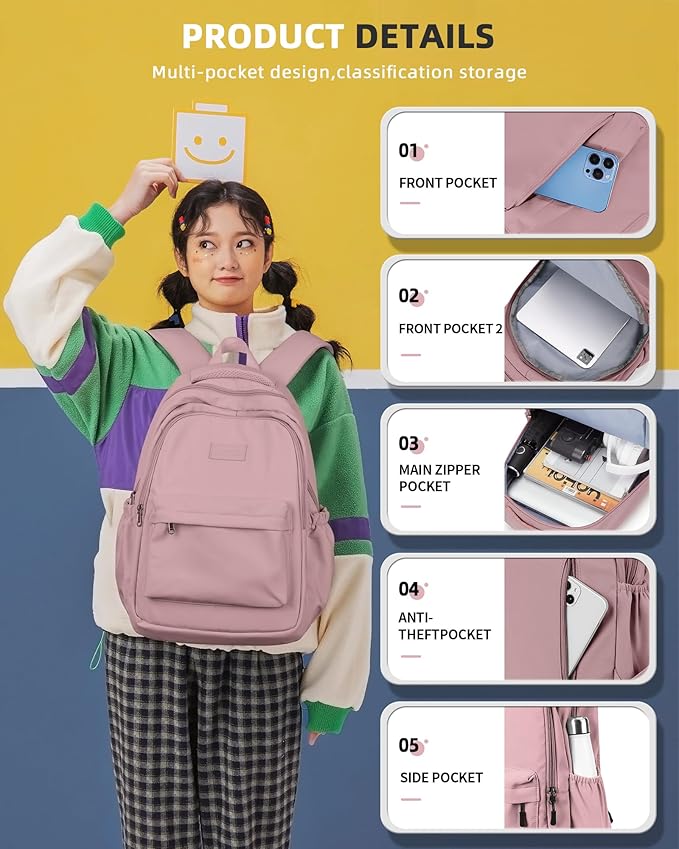 Lightweight School Backpack for Women Men, Laptop Travel Casual Daypack College Secondary School Bags Bookbag for Teenage Girls Boys, Pink