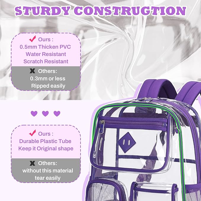 Clear Backpack for School,Heavy Duty PVC Transparent Bookbag for Girls Stadium Approved See Through Backpack