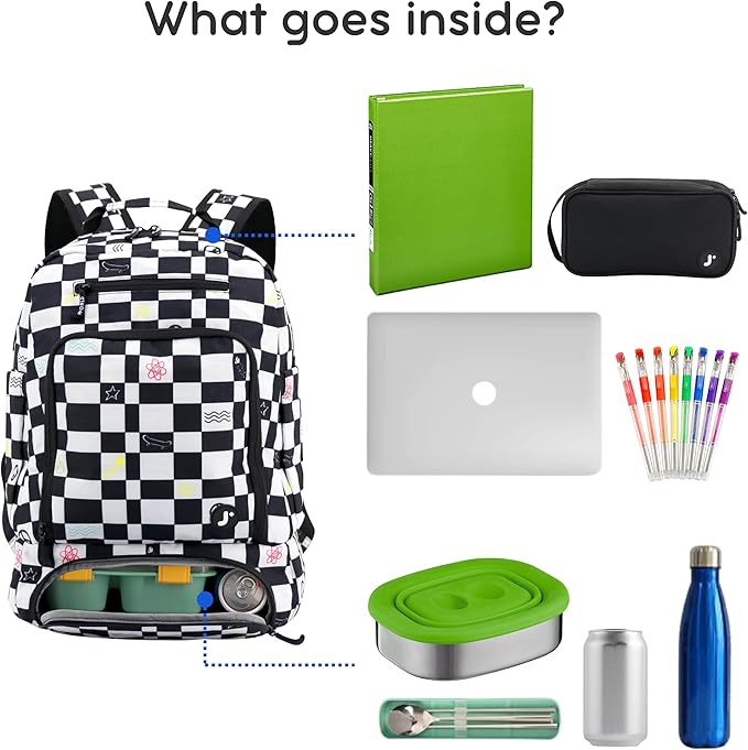 J World New York 2-in-1 Insulated Backpack Lunch Box for Kids. Adult School Bookbag, Icon Checkers