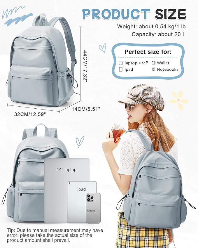 BJLFS Light Blue Backpack for School Women Girls, Waterproof Bookbag Cute High School Backpacks for Men Teen Boys, Lightweight Travel College Backpack Mochilas Escolares para Casual Daypack Rucksack
