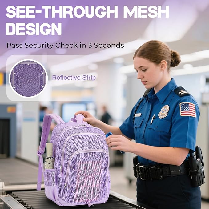 Mesh Backpack, Heavy Duty Mesh Bookbag for Girls Boys Kids, See Through Clear Backpacks, Net Backpack Transparent Breathable for School Beach Swim Travel Outdoor, Purple
